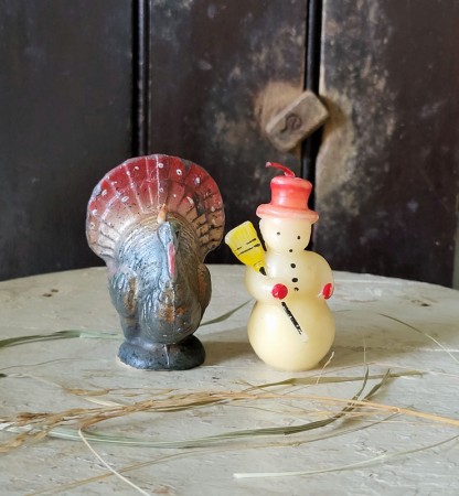 SOLD - Pair of Vintage Gurley Candles - Snowman & Turkey