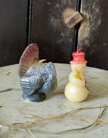 SOLD - Pair of Vintage Gurley Candles - Snowman & Turkey